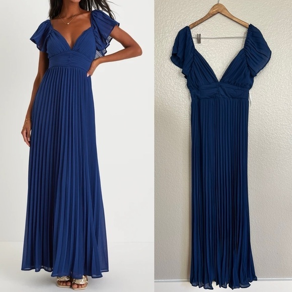 NWOT Ideal Occasion Blue Pleated Flutter Sleeve Backless Maxi Dress - Picture 1 of 8